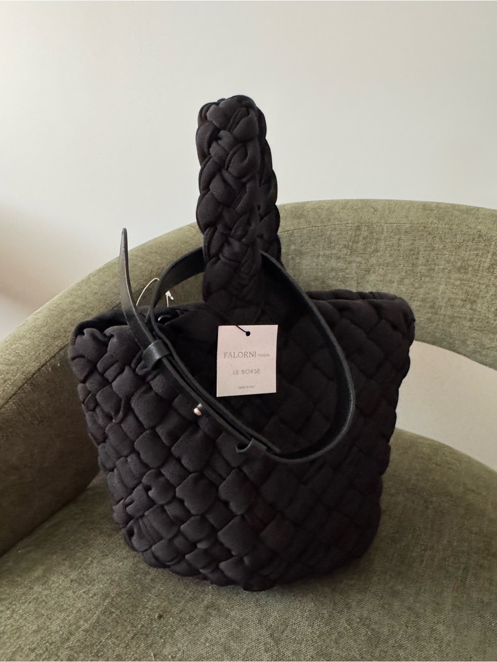NWT FALOR BUCKET Black Woven fabric/leather bag